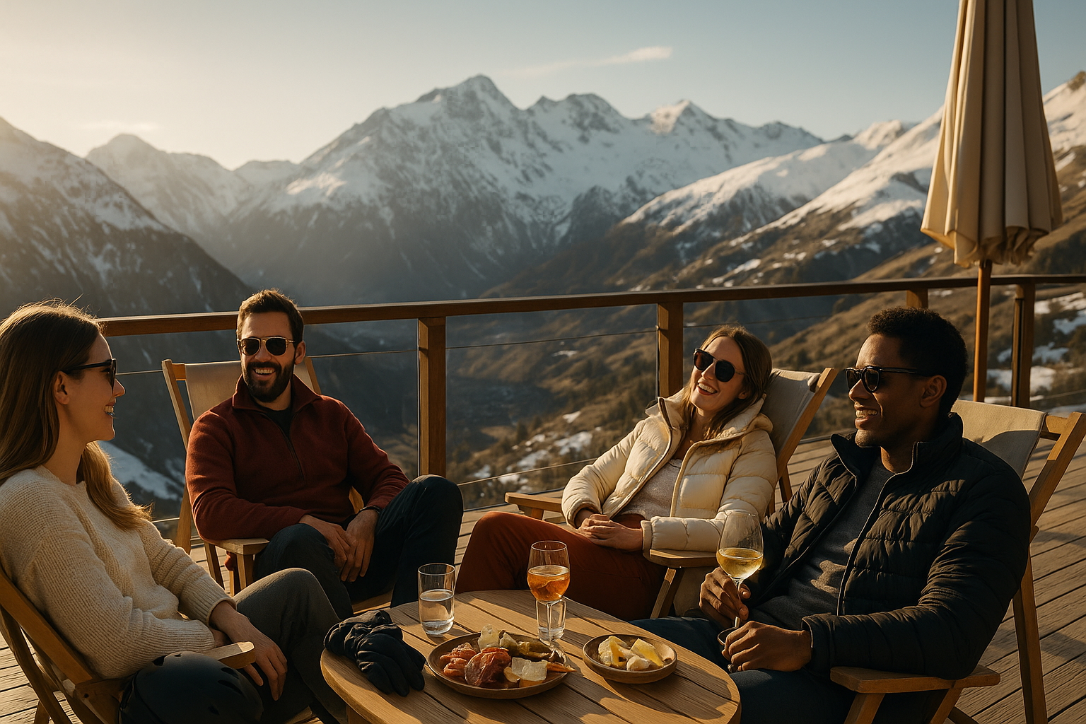Après-ski terrasse : transats et tables au soleil, lunettes de soleil, vue sur les sommets encore enneigés ; on ressent le côté chill et l'avantage du ski fin de saison