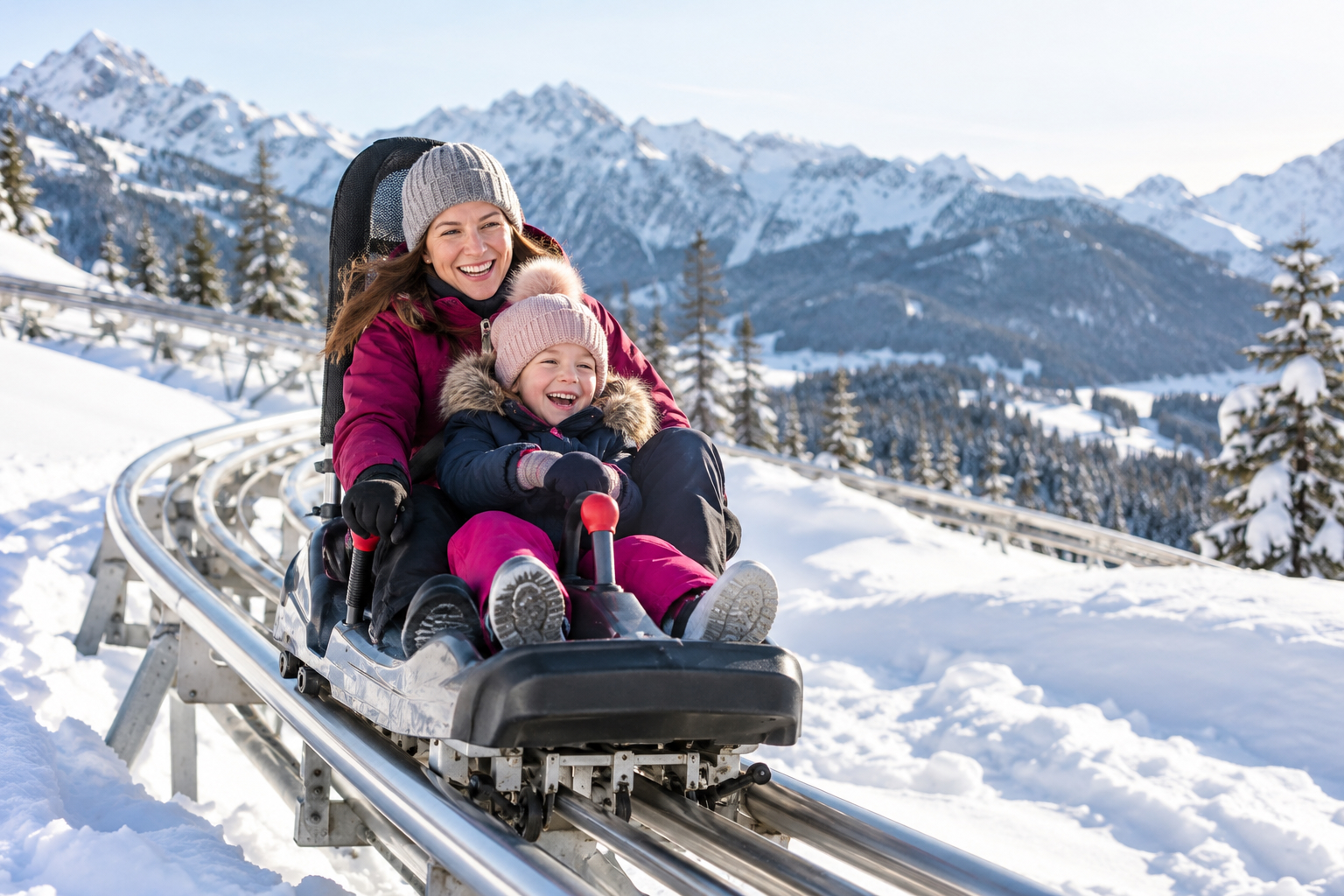 Mère et enfant dévalant une luge sur rail sur une piste enneigée, montagnes en arrière-plan