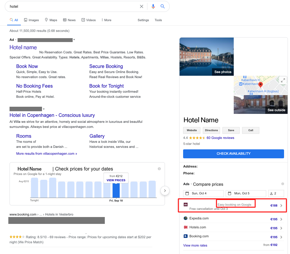 Hotel search Results on Google